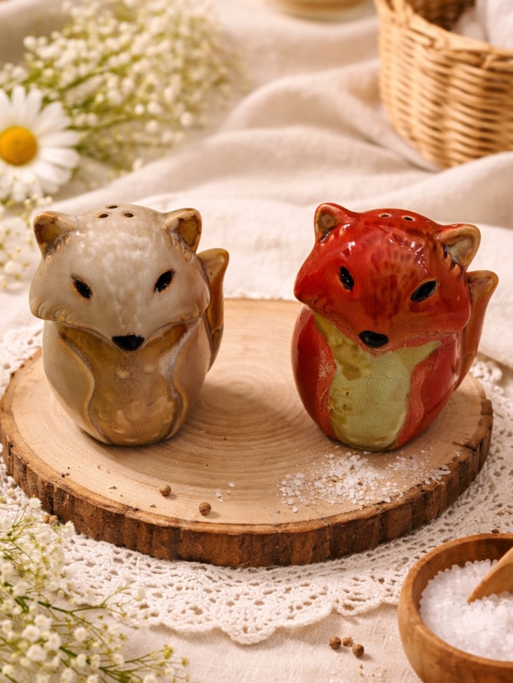 Fox Shaped Salt and Pepper Shakers Set Ceramic Dining Collectible Table Top NWOT